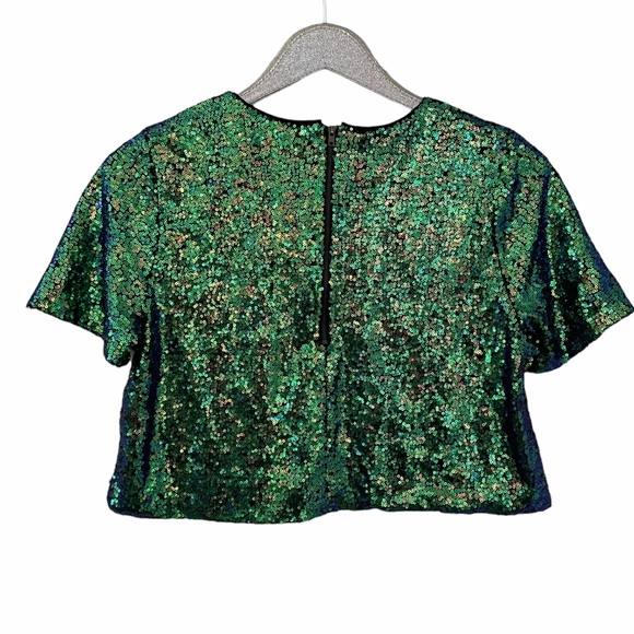Maddy…K Blue & Green Sequin Short Sleeve Semi-Crop Top with Zipper on Back - Picture 2 of 6